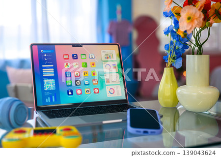 應用程式螢幕、筆記型電腦和桌面區域：Happy Pop 139043624