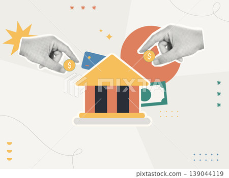 Trendy Halftone Collage style illustration of two hands holding coins and cash around a bank building with credit card, representing financial institution, banking and money service concept. Trendy Halftone Collage style illustration of two hands holding coins and cash around a bank building with credit card, representing financial institution, banking and money service concept. 139044119