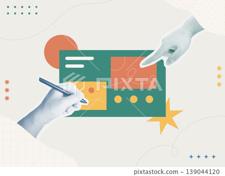 Trendy Halftone Collage style illustration of two hands drawing and arranging colorful UI layout elements on a design panel, representing visual composition, graphic design and creative process concep Trendy Halftone Collage style illustration of two hands drawing and arranging colorful UI layout elements on a design panel, representing visual composition, graphic design and creative process concep 139044120