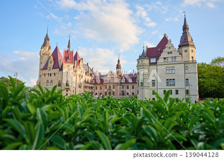 Moszna Castle facade above green hedge in Poland Moszna Castle facade above green hedge in Poland 139044128