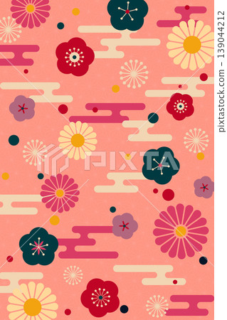 新年賀卡的完美背景：和服風格的花卉和雲朵圖案 139044212
