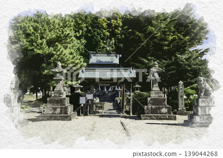 大分縣臼岐市臼岐城遺址、臼岐護國神社及其正門的水彩風格繪畫。 139044268