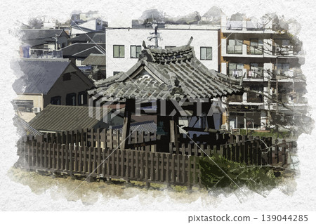 Watercolor-style painting of the ruins of Usuki Castle, including the site of the bell tower, in Usuki City, Oita Prefecture. Watercolor-style painting of the ruins of Usuki Castle, including the site of the bell tower, in Usuki City, Oita Prefecture. 139044285
