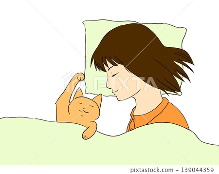 A woman sleeping next to her cat 139044359