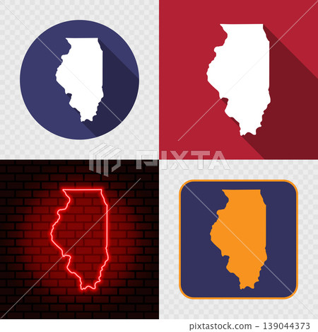 Illinois State Map Icons Set, USA Silhouette Collection in Flat, Minimal and Neon Styles. Illinois State Map Icons Set, USA Silhouette Collection in Flat, Minimal and Neon Styles. 139044373