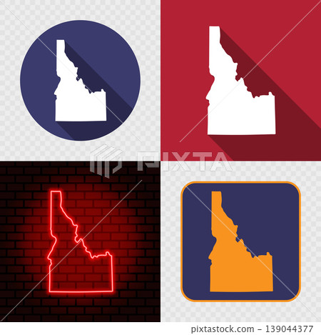 Idaho State Map Icons Set, USA Silhouette Collection in Flat, Minimal and Neon Styles. Idaho State Map Icons Set, USA Silhouette Collection in Flat, Minimal and Neon Styles. 139044377