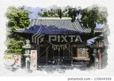 Watercolor-style painting of the main hall of Usuki Yasaka Shrine, Usuki City, Oita Prefecture. 139044389