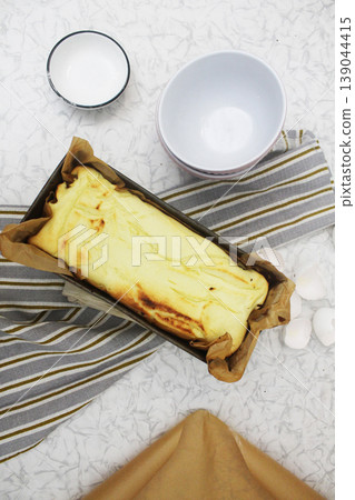 Finished cheesecake in a baking dish. top view 139044415
