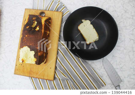 a piece of cheesecake on a plate. Top view 139044416