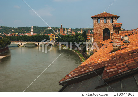 Panoramic cityscape view of Verona old town and Adige river. Travel destination in Italy. 139044905