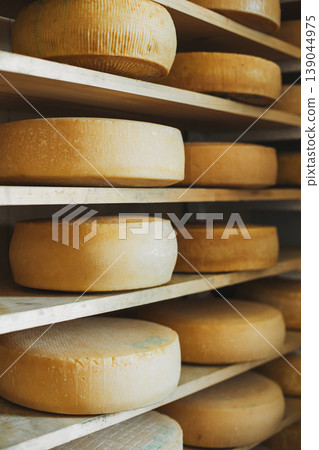 Heads of old cheese on a shelfs at the Italian cheese factory. Heads of old cheese on a shelfs at the Italian cheese factory. 139044975