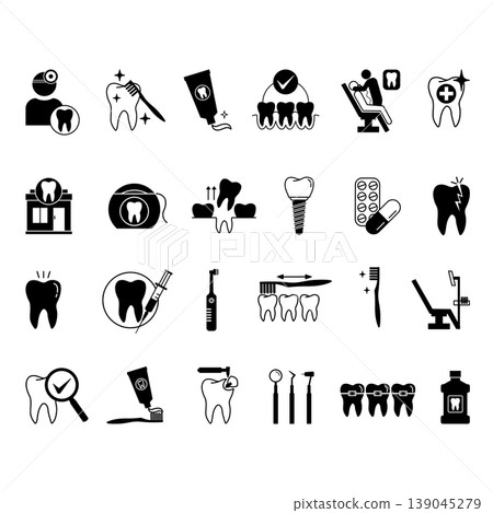 Black Set of Dental Icons. Vector Icon of Dentistry, Tooth, Implant, Broken Tooth, Braces, Dental Care, Tooth Extraction, Examination and Other Black Set of Dental Icons. Vector Icon of Dentistry, Tooth, Implant, Broken Tooth, Braces, Dental Care, Tooth Extraction, Examination and Other 139045279