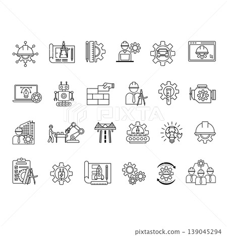 Engineering Icon Set. Vector Illustrations Engineer, Construction, Drawing, Manufacturing, Mechanical Engineering, Design, Robotics, IT Engineering, Architect, Electrical, and More Engineering Icon Set. Vector Illustrations Engineer, Construction, Drawing, Manufacturing, Mechanical Engineering, Design, Robotics, IT Engineering, Architect, Electrical, and More 139045294