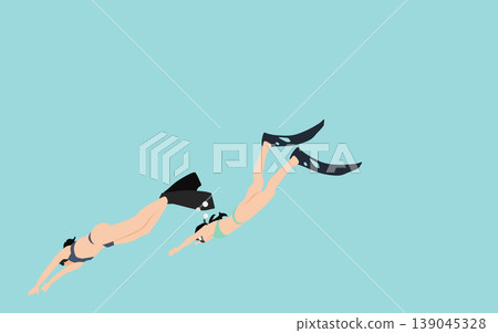 An illustration of a woman swimming with fins on her feet. An illustration of a woman swimming with fins on her feet. 139045328