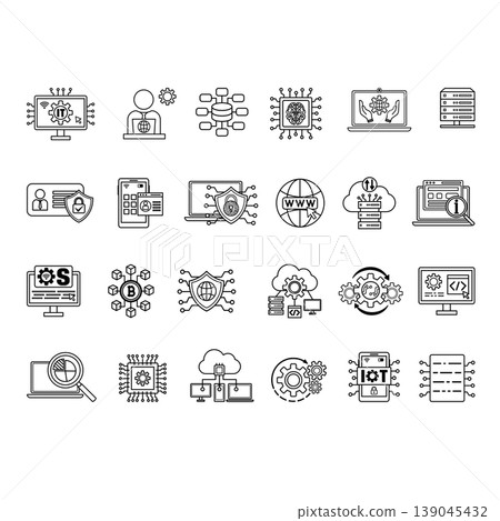 Information Technology Icon Set. Vector Illustrations IT Manager, Data Analytics, Digital Data, IT Management, Internet, Network Security, Software Development, Mobile Apps, and More Information Technology Icon Set. Vector Illustrations IT Manager, Data Analytics, Digital Data, IT Management, Internet, Network Security, Software Development, Mobile Apps, and More 139045432