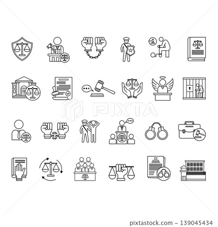 Justice Icon Set. Vector Illustrations Law, Court, Sentence, Lawyer, Legal, Prison, Judge, Criminal, Arrest, Human Rights, Authority, Court Warrant, and Others Justice Icon Set. Vector Illustrations Law, Court, Sentence, Lawyer, Legal, Prison, Judge, Criminal, Arrest, Human Rights, Authority, Court Warrant, and Others 139045434