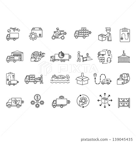 Logistics Icon Set. Vector Icon Delivery, Customs Clearance, Inventory, Loading, Distribution, Packaging, Warehouse, Import, Export, Transportation, Planning, Cargo and Others Logistics Icon Set. Vector Icon Delivery, Customs Clearance, Inventory, Loading, Distribution, Packaging, Warehouse, Import, Export, Transportation, Planning, Cargo and Others 139045435