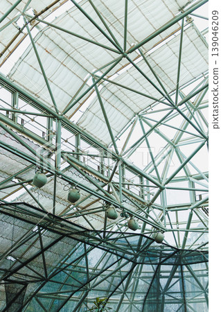 Glass structure with metal beams and natural light coming in at a greenhouse during the day with visible patterns and shadows Glass structure with metal beams and natural light coming in at a greenhouse during the day with visible patterns and shadows 139046209
