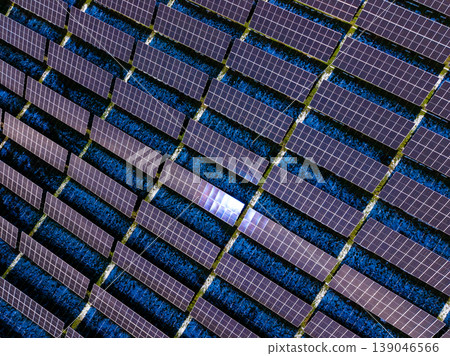 Rows of solar panels capture sunlight in an open field for energy generation during the day Rows of solar panels capture sunlight in an open field for energy generation during the day 139046566