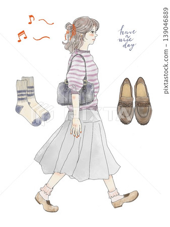 Illustration of a woman in spring/summer clothing, wearing a long skirt, facing sideways and walking. Illustration of a woman in spring/summer clothing, wearing a long skirt, facing sideways and walking. 139046889