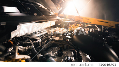 Open modern diesel car engine under hood with dramatic lighting. Automotive engineering, powertrain detail and professional service concept. Open modern diesel car engine under hood with dramatic lighting. Automotive engineering, powertrain detail and professional service concept. 139046893