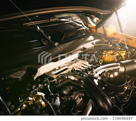 Open modern diesel car engine under hood with dramatic lighting. Automotive engineering, powertrain detail and professional service concept. Open modern diesel car engine under hood with dramatic lighting. Automotive engineering, powertrain detail and professional service concept. 139046897