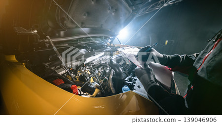 Mechanic inspecting car engine and writing notes on clipboard in workshop. Automotive diagnostics, maintenance checklist and professional service concept. 139046906
