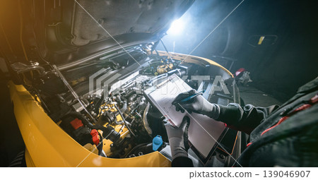 Mechanic inspecting car engine and writing notes on clipboard in workshop. Automotive diagnostics, maintenance checklist and professional service concept. Mechanic inspecting car engine and writing notes on clipboard in workshop. Automotive diagnostics, maintenance checklist and professional service concept. 139046907