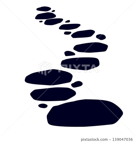 Stone path, black pebble walkway winding garden trail. Minimalist rock stone path, natural paving block landscape element. Outdoor park footpath, zen garden stone decoration 139047036