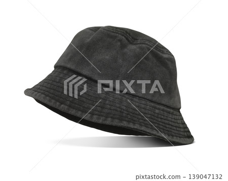 A black bucket hat is stylishly placed against a white background. A black bucket hat is stylishly placed against a white background. 139047132