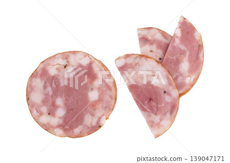round pieces of sausage isolated round pieces of sausage isolated 139047171