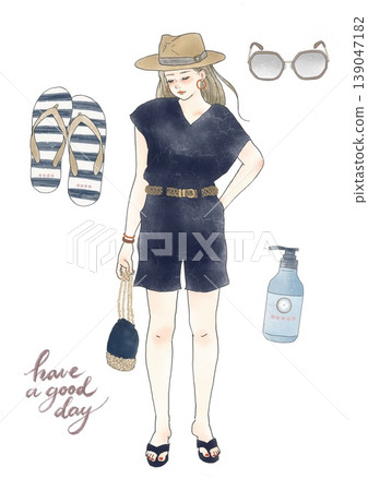 Summer outfit illustration set of a woman in summer clothes, summer fashion, full body. Summer outfit illustration set of a woman in summer clothes, summer fashion, full body. 139047182