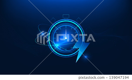 Technology background stopped clock with a lightning symbol in the foreground, representing critical timing, sudden disruption, urgent decision making, power, energy impact, business and technology. Technology background stopped clock with a lightning symbol in the foreground, representing critical timing, sudden disruption, urgent decision making, power, energy impact, business and technology. 139047194