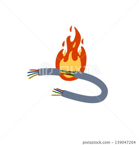 Hazard fire, burning electric wire cable, short circuit damage concept. Electrical cord flame danger, spark energy power accident. Hazard fire industrial safety risk, ignite heat equipment. Hazard fire, burning electric wire cable, short circuit damage concept. Electrical cord flame danger, spark energy power accident. Hazard fire industrial safety risk, ignite heat equipment. 139047204