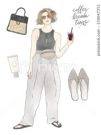 Illustration set of women in summer clothes holding coffee. Summer outfit, fashion, whole body, accessories, sunglasses, cafe Illustration set of women in summer clothes holding coffee. Summer outfit, fashion, whole body, accessories, sunglasses, cafe 139047351