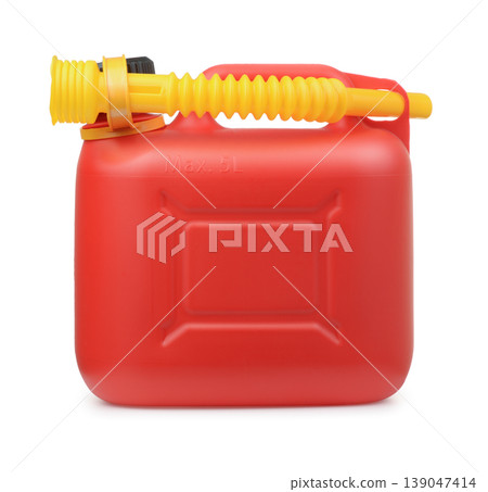 Side view of red plastic fuel jerrycan Side view of red plastic fuel jerrycan 139047414
