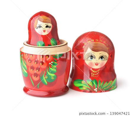 Front view of red wooden matryoshka doll Front view of red wooden matryoshka doll 139047421