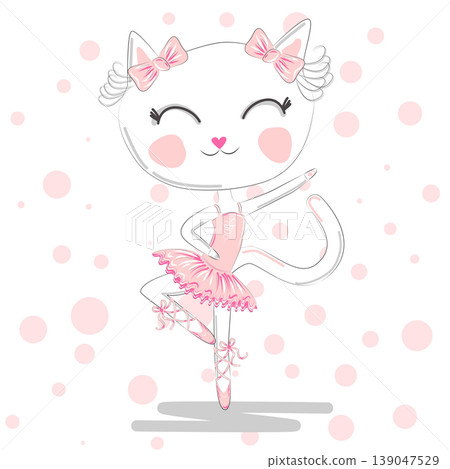 Happy cat girl in ballet costume dance on a piano on polka dot background illustration vector. Happy cat girl in ballet costume dance on a piano on polka dot background illustration vector. 139047529