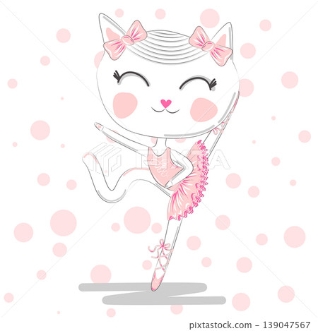 Happy cat girl in ballet costume dance on a piano on polka dot background illustration vector. Happy cat girl in ballet costume dance on a piano on polka dot background illustration vector. 139047567