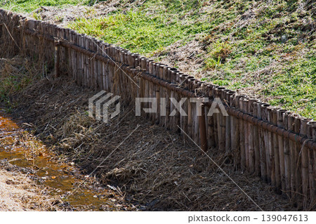 Retaining walls made of bamboo Retaining walls made of bamboo 139047613