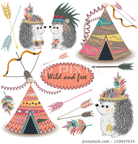 Tribal Collections Set with teepee tens, arrows, feathers, tribal borders, Indian hedgehog and feather headdress. 139047634