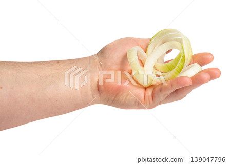 Hand holding onion rings on palm closeup Hand holding onion rings on palm closeup 139047796