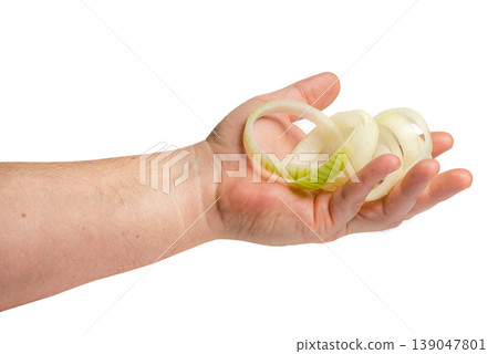 Hand holding heap of onion rings on palm Hand holding heap of onion rings on palm 139047801