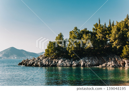 Amazing view of the Adriatic sea near Sv. Stefan, Montenegro. Travel destination in Montenegro. Amazing view of the Adriatic sea near Sv. Stefan, Montenegro. Travel destination in Montenegro. 139048195