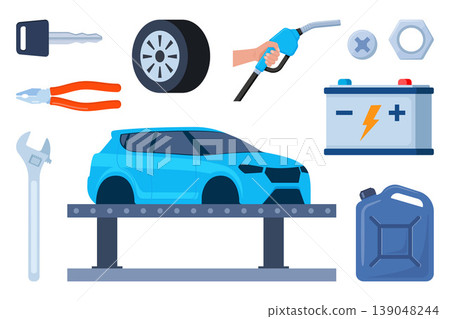 Car service, maintenance and repair elements. Mechanics checks and maintains, car on lift in service workshop. Vector illustration. Car service, maintenance and repair elements. Mechanics checks and maintains, car on lift in service workshop. Vector illustration. 139048244