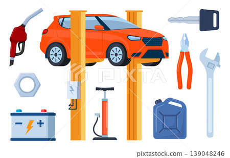 Car service, maintenance and repair elements. Mechanics checks and maintains, car on lift in service workshop. Vector illustration. 139048246