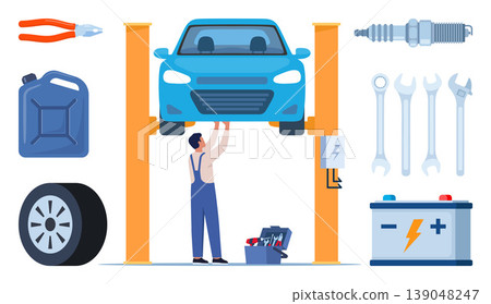 Car service, maintenance and repair elements. Mechanics checks and maintains, car on lift in service workshop. Vector illustration. 139048247