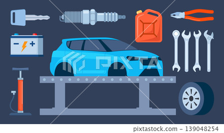 Car service, maintenance and repair elements. Mechanics checks and maintains, car on lift in service workshop. Vector illustration. Car service, maintenance and repair elements. Mechanics checks and maintains, car on lift in service workshop. Vector illustration. 139048254