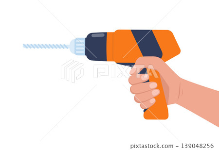 Electric screwdriver in hand. Battery screwdriver or drill. Home renovation equipment. Tools of the handyman. Vector illustration. 139048256