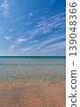 Calm ocean meets pebbled shore under vast blue sky with light clouds 139048366